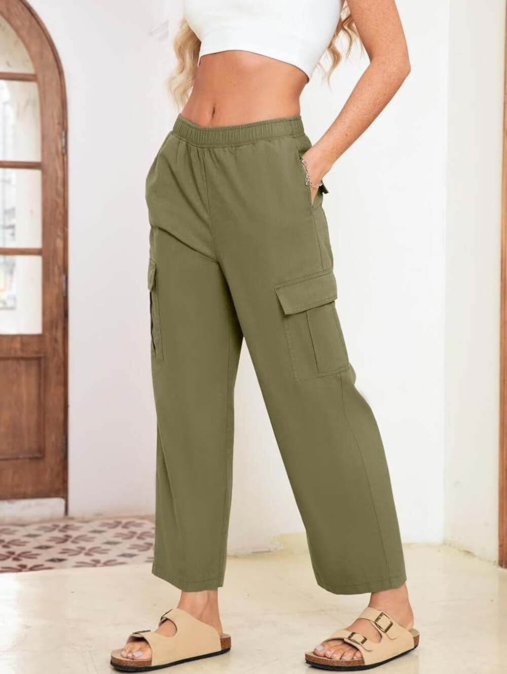 Chico's Cargo Pants Green Elastic Waist Utility Pocket Sz 2